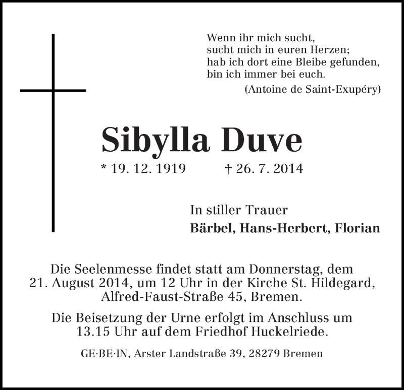 Traueranzeige von Sibylla Duve von WESER-KURIER