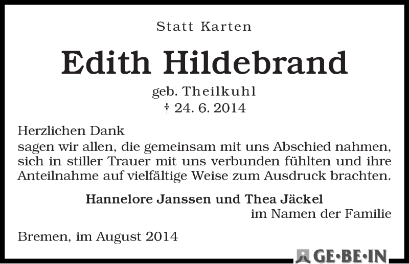 Traueranzeige von Edith Hildebrand von WESER-KURIER