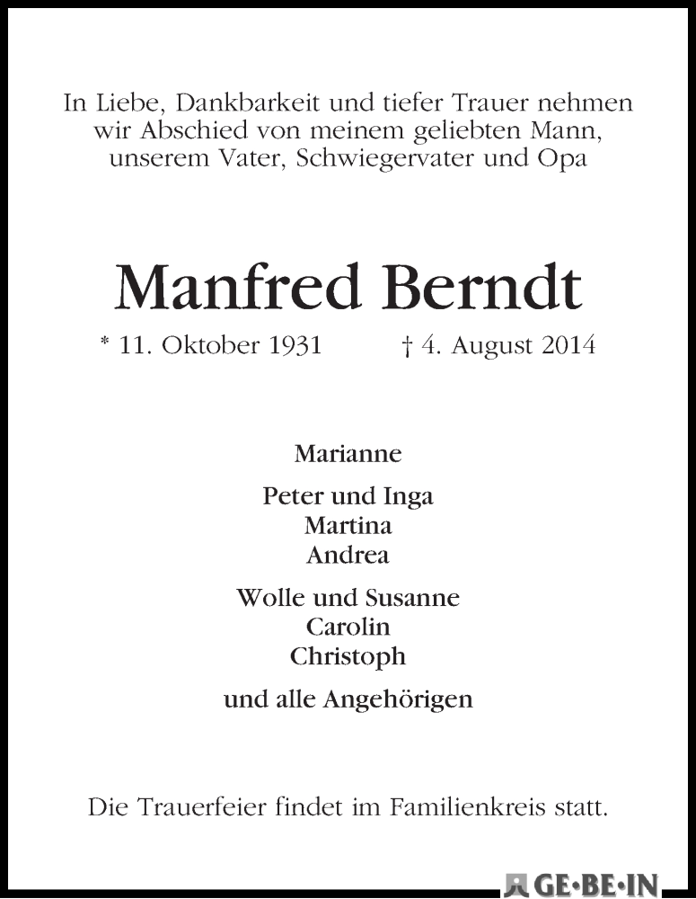 Traueranzeige von Manfred Berndt von WESER-KURIER