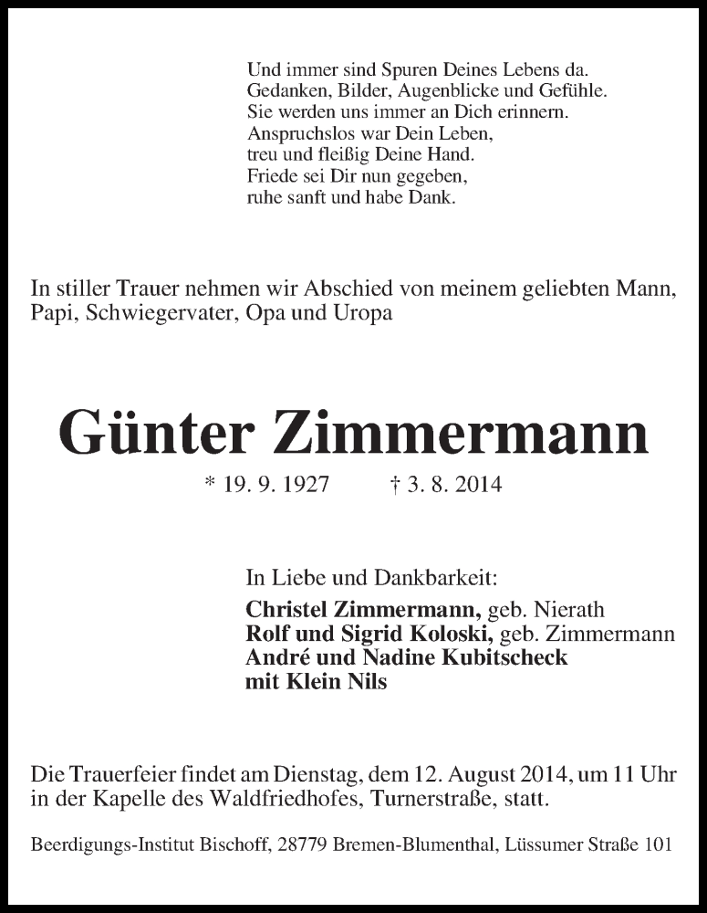 Traueranzeige von Günter Zimmermann von Die Norddeutsche