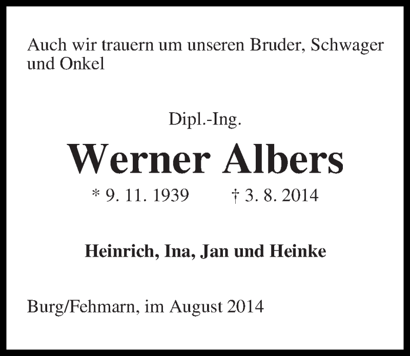 Traueranzeige von Werner Albers von WESER-KURIER