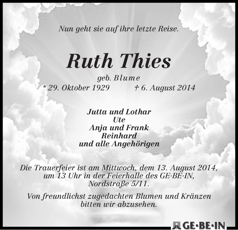 Traueranzeige von Ruth Thies von WESER-KURIER