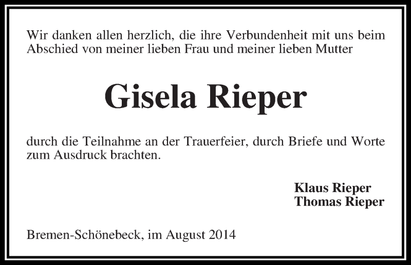 Traueranzeige von Gisela Rieper von Die Norddeutsche