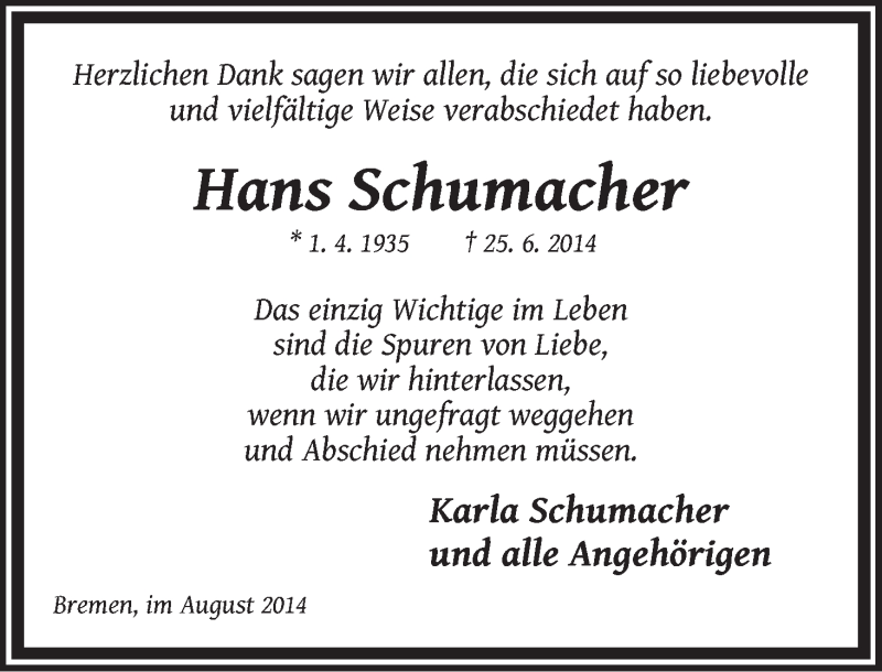 Traueranzeige von Hans Schumacher von WESER-KURIER