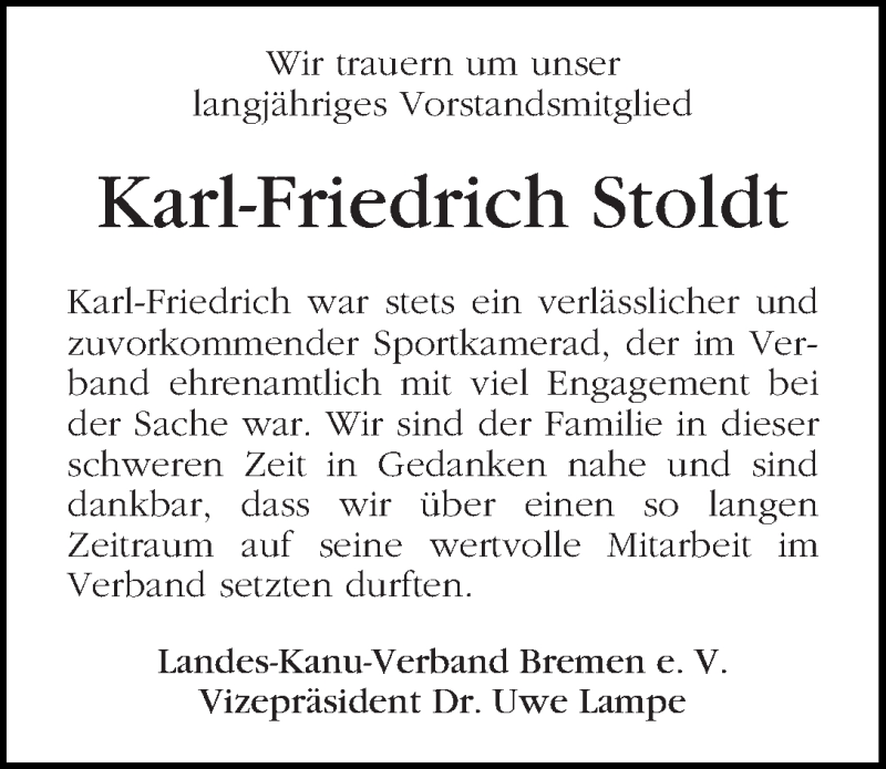 Traueranzeige von Karl-Friedrich Stoldt von WESER-KURIER