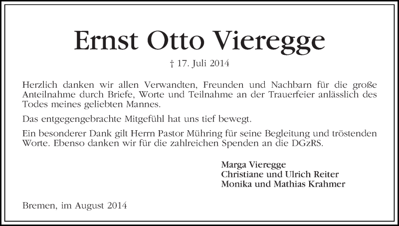 Traueranzeige von Ernst Otto Vieregge von WESER-KURIER