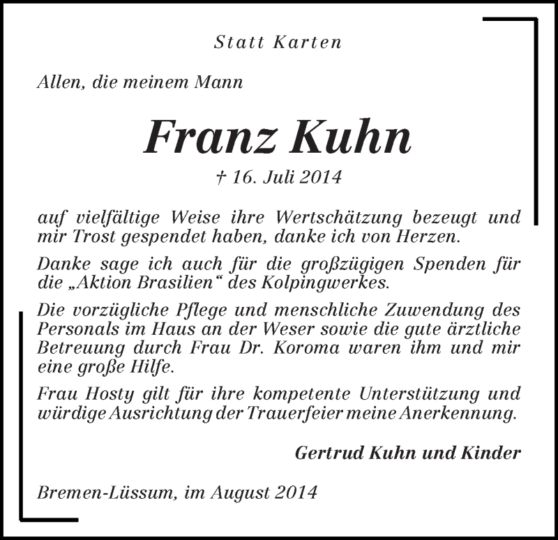 Traueranzeige von Franz Kuhn von Die Norddeutsche