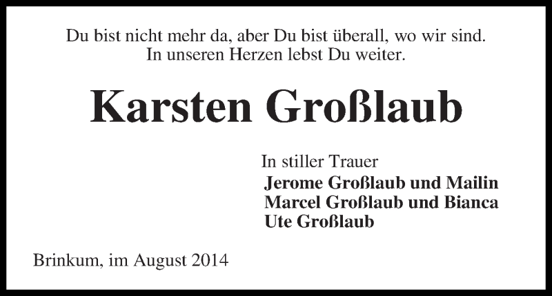 Traueranzeige von Karsten Großlaub von Regionale Rundschau/Syker Kurier