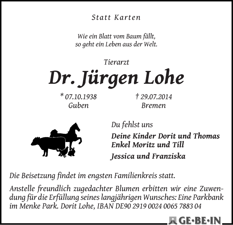 Traueranzeige von Jürgen Lohe von WESER-KURIER