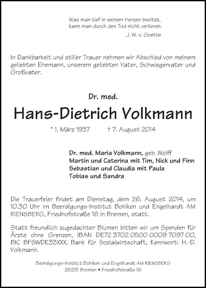 Traueranzeige von Hans-Dietrich Volkmann von WESER-KURIER