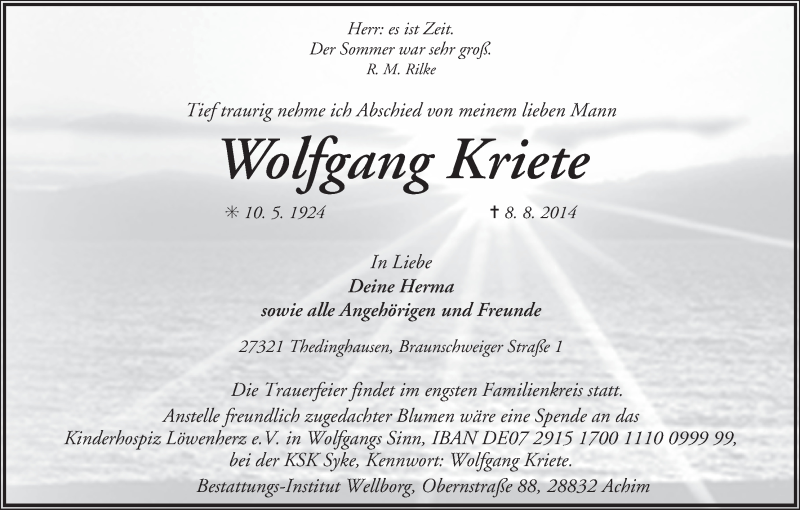 Traueranzeige von Wolfgang Kriete von WESER-KURIER