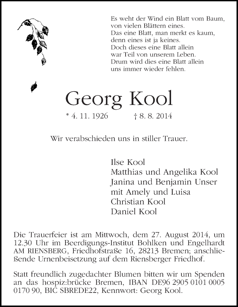 Traueranzeige von Georg Kool von WESER-KURIER