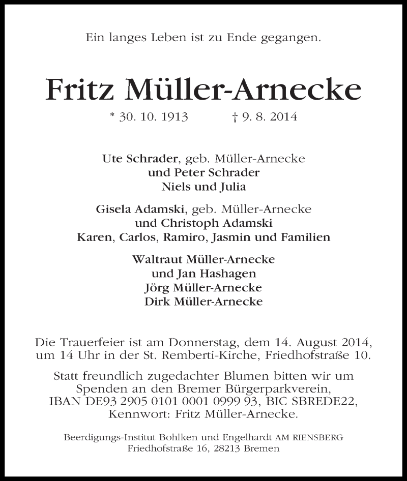 Traueranzeige von Fritz Müller-Arnecke von WESER-KURIER