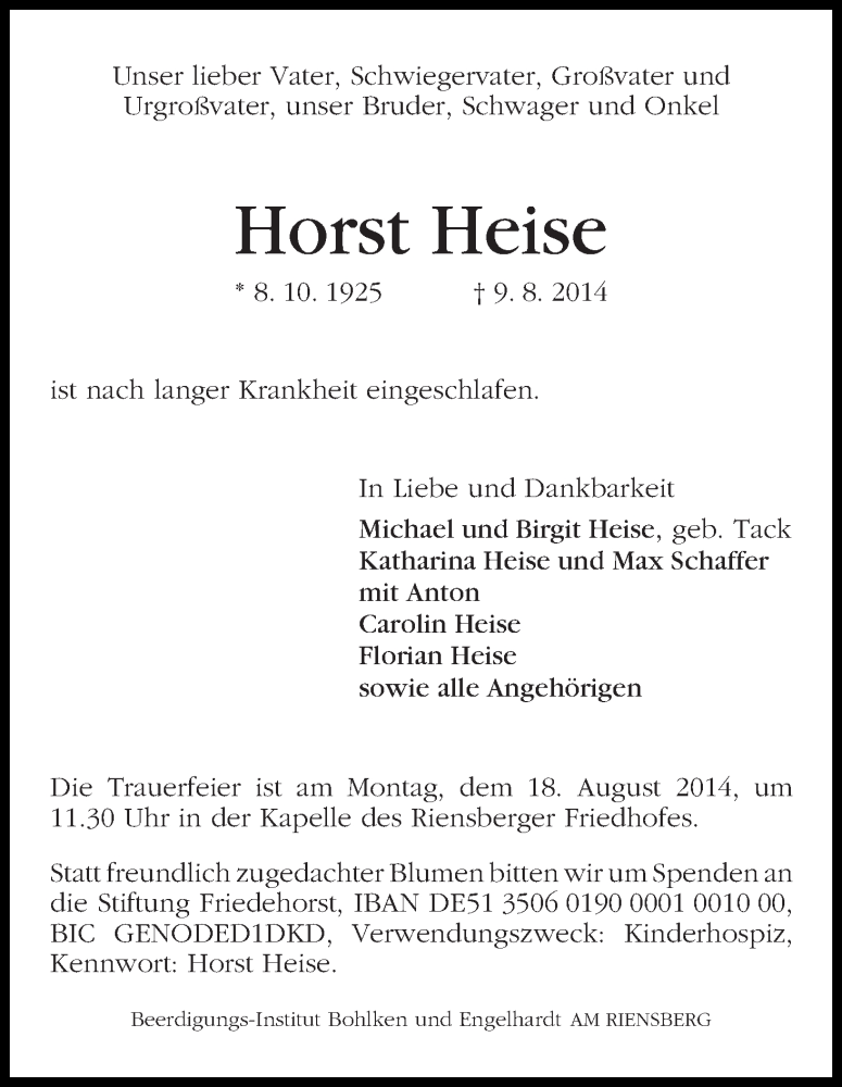 Traueranzeige von Horst Heise von WESER-KURIER