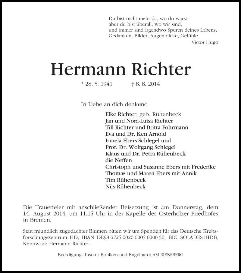 Traueranzeige von Hermann Richter von WESER-KURIER
