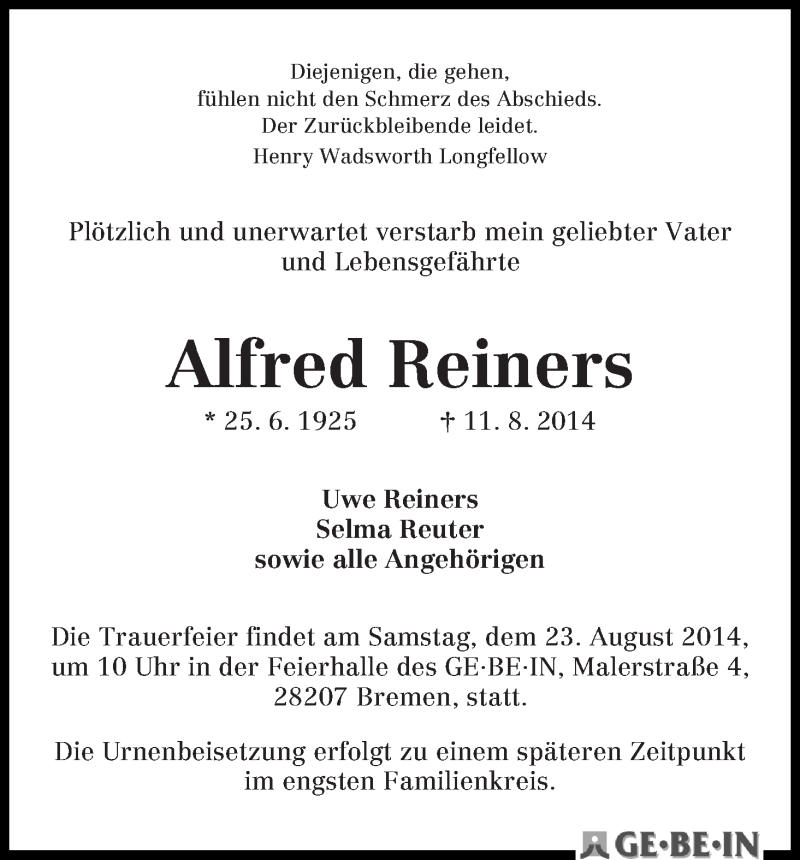 Traueranzeige von Alfred Reiners von WESER-KURIER