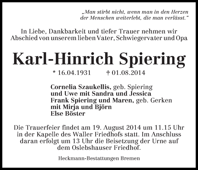 Traueranzeige von Karl-Hinrich Spiering von WESER-KURIER
