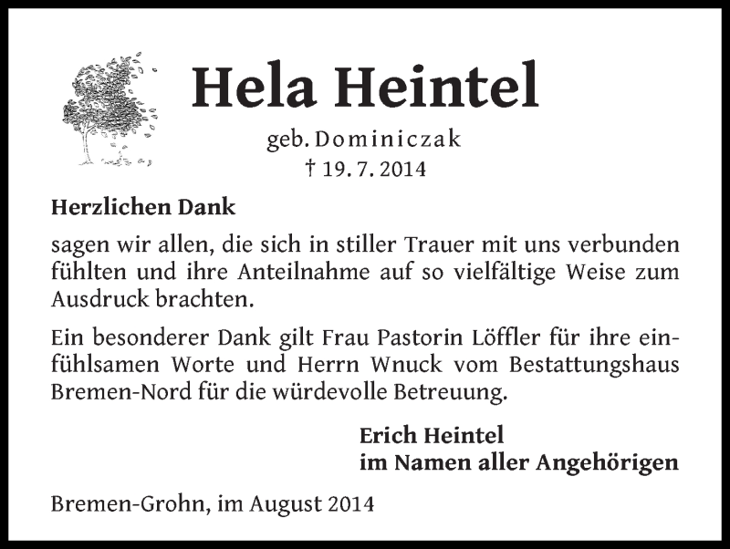 Traueranzeige von Hela Heintel von Die Norddeutsche