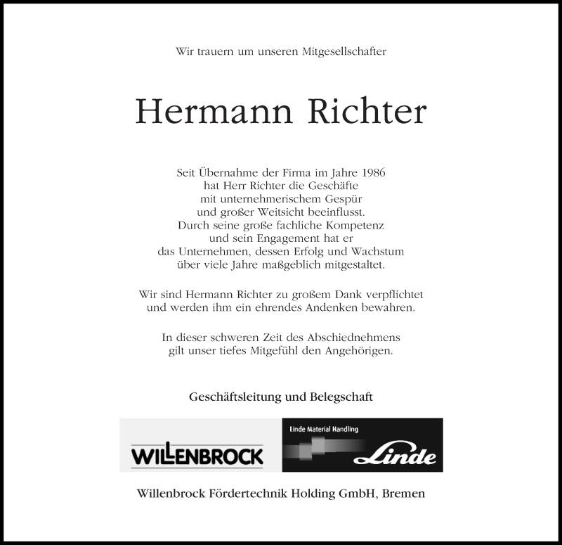 Traueranzeige von Hermann Richter von WESER-KURIER