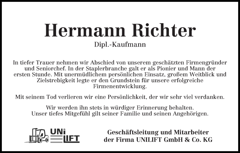Traueranzeige von Hermann Richter von WESER-KURIER