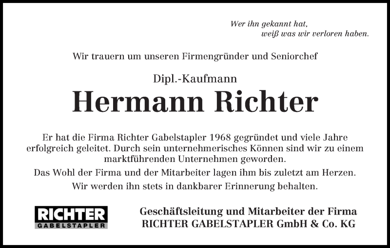 Traueranzeige von Hermann Richter von WESER-KURIER