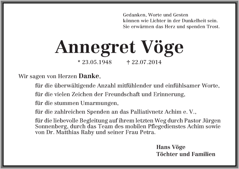 Traueranzeige von Annegret Vöge von Achimer Kurier/Verdener Nachrichten