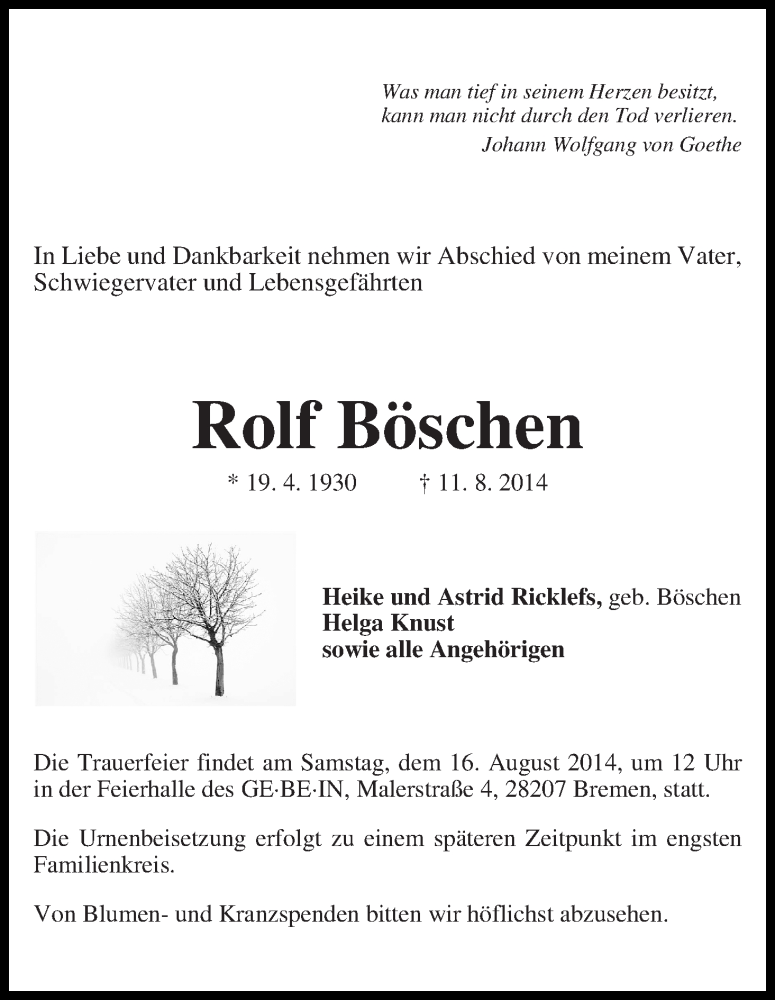Traueranzeige von Rolf Böschen von WESER-KURIER
