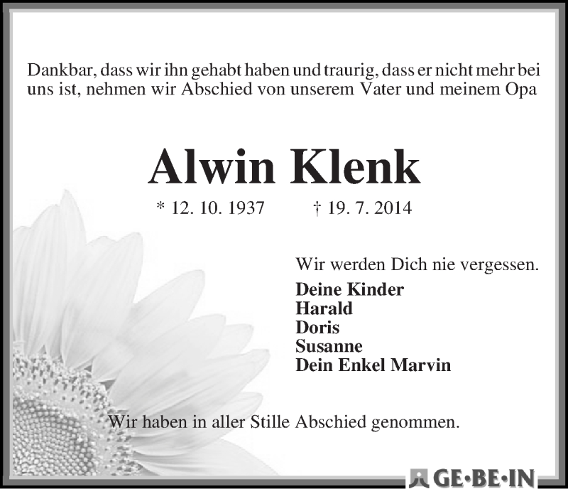 Traueranzeige von Alwin Klenk von WESER-KURIER