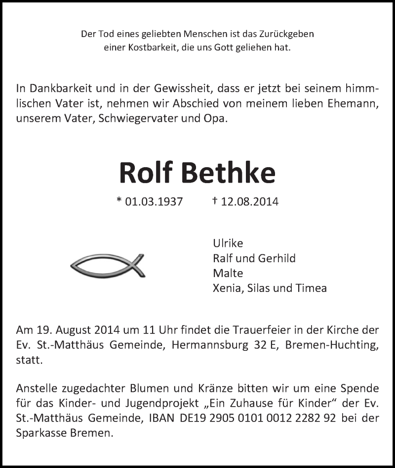Traueranzeige von Rolf Bethke von WESER-KURIER