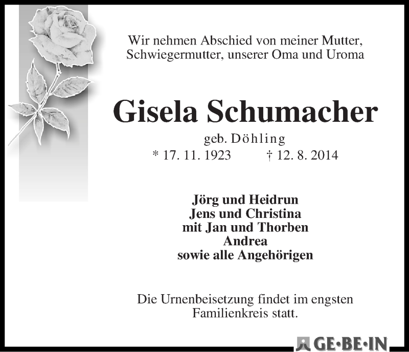 Traueranzeige von Gisela Schumacher von WESER-KURIER