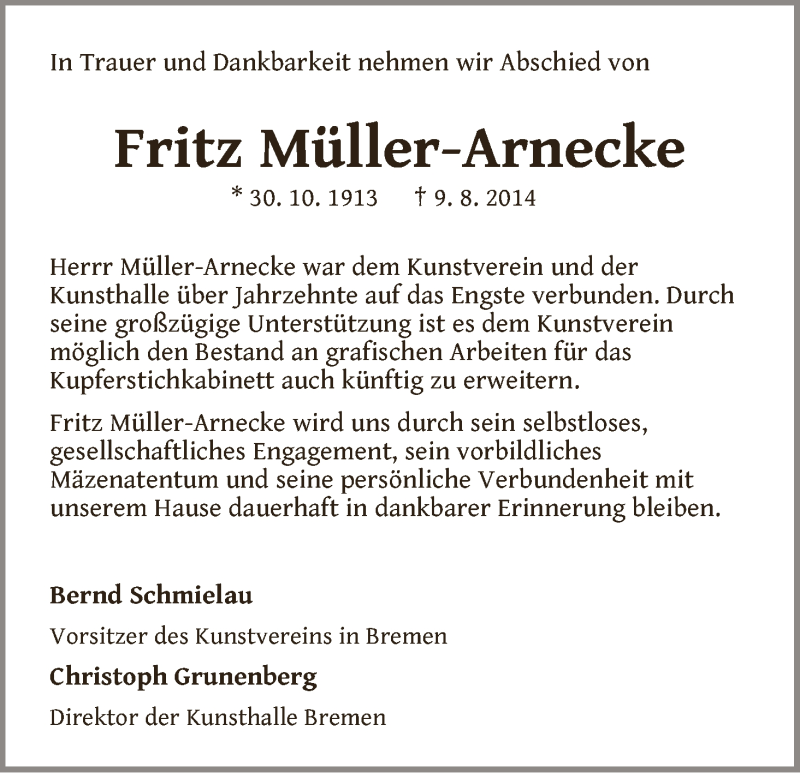 Traueranzeige von Fritz Müller-Arnecke von WESER-KURIER