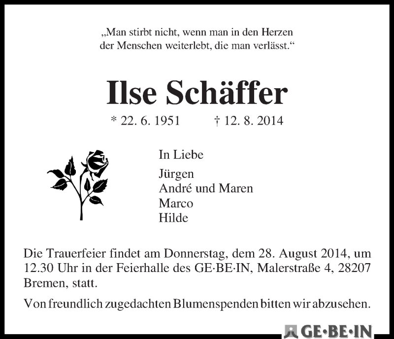 Traueranzeige von Ilse Schäffer von WESER-KURIER