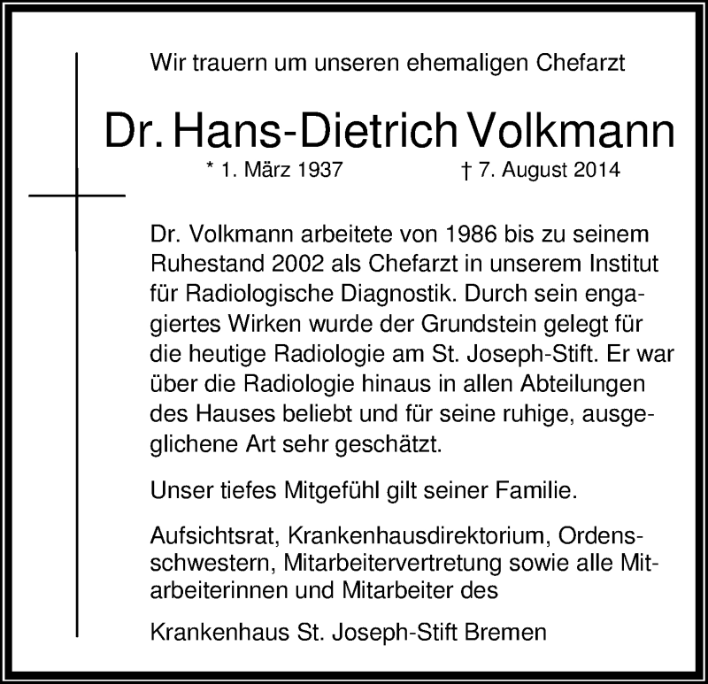 Traueranzeige von Hans-Dietrich Volkmann von WESER-KURIER