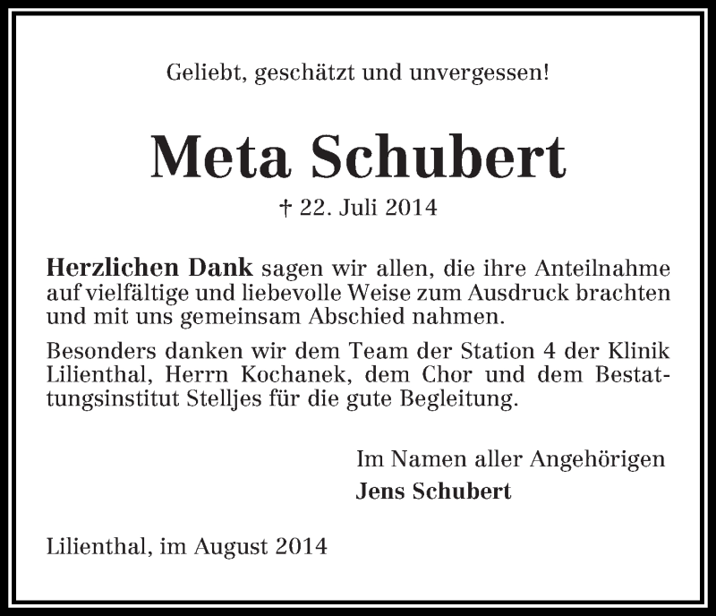 Traueranzeige von Meta Schubert von Wuemme Zeitung