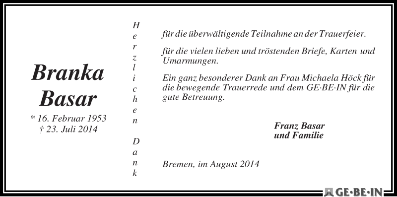 Traueranzeige von Branka Basar von WESER-KURIER