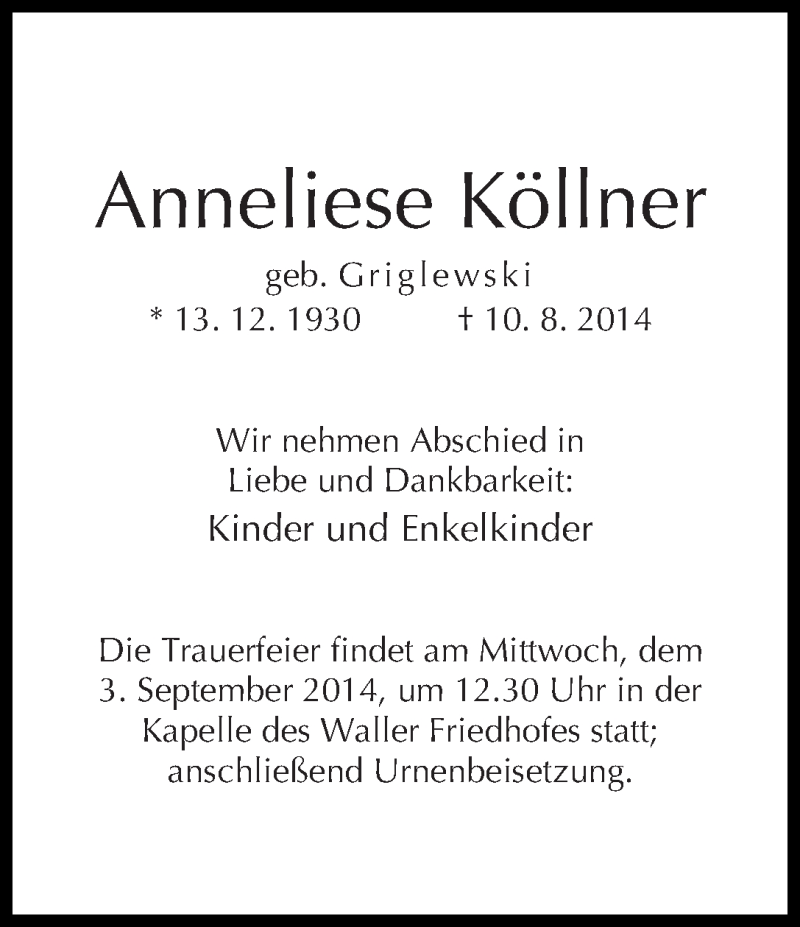 Traueranzeige von Anneliese Köllner von WESER-KURIER