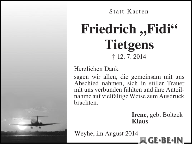 Traueranzeige von Friedrich Tietgens von WESER-KURIER