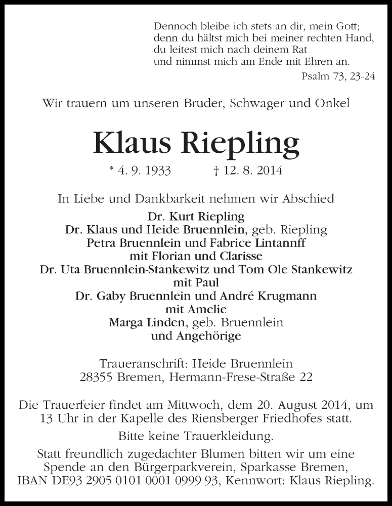 Traueranzeige von Klaus Riepling von WESER-KURIER