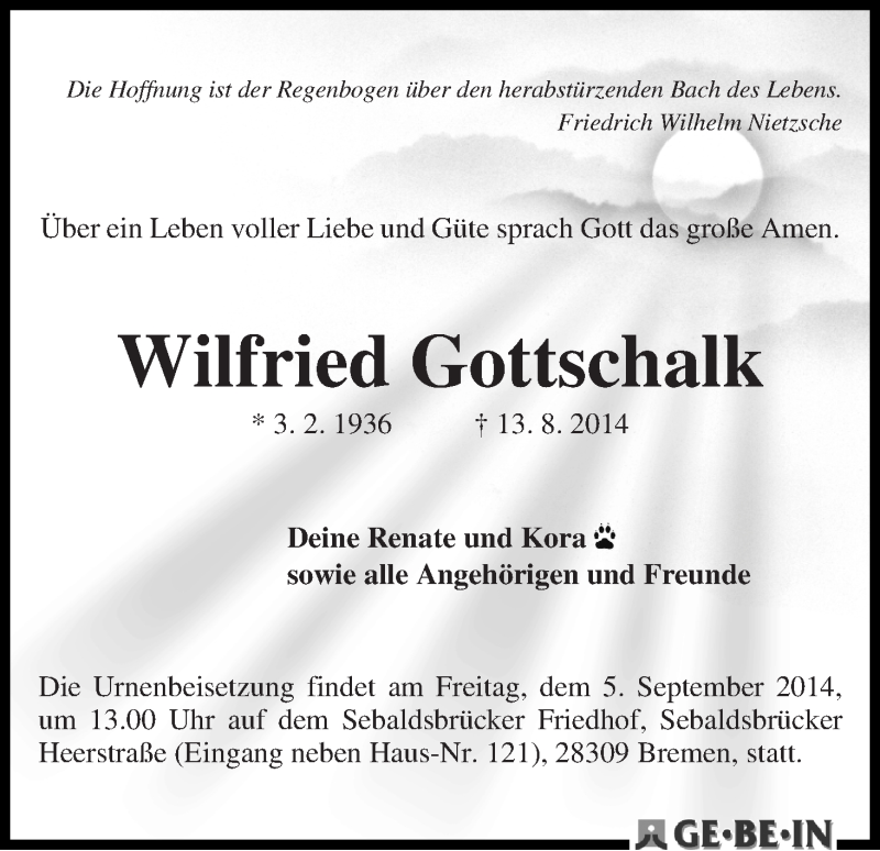 Traueranzeige von Wilfried Gottschalk von WESER-KURIER