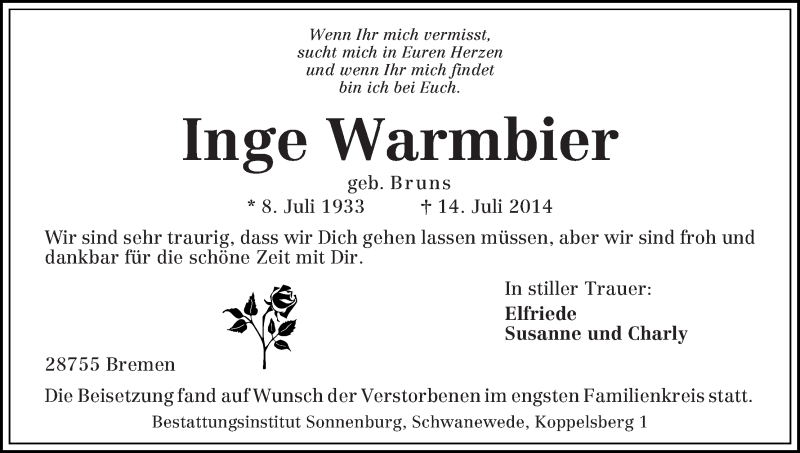 Traueranzeige von Inge Warmbier von Die Norddeutsche
