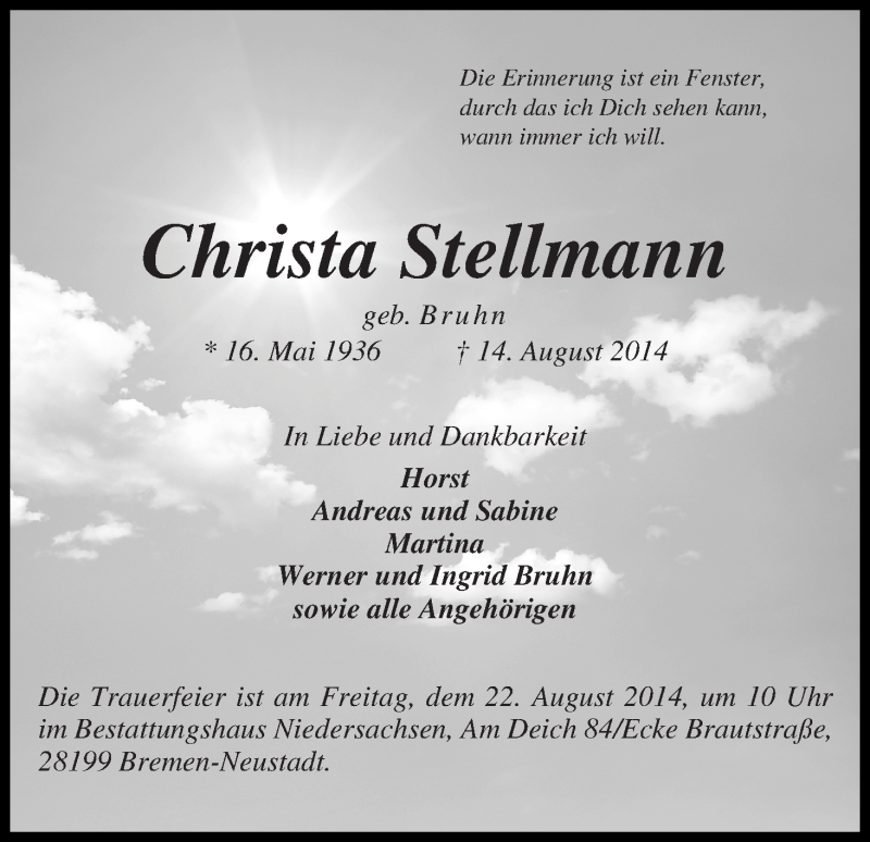 Traueranzeige von Christa Stellmann von WESER-KURIER