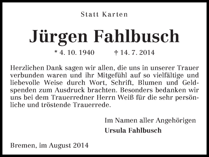 Traueranzeige von Jürgen Fahlbusch von WESER-KURIER