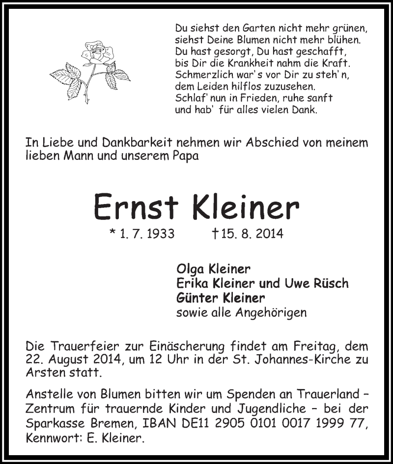 Traueranzeige von Ernst Kleiner von WESER-KURIER