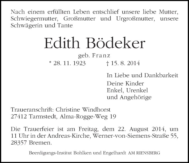 Traueranzeige von Edith Bödeker von WESER-KURIER