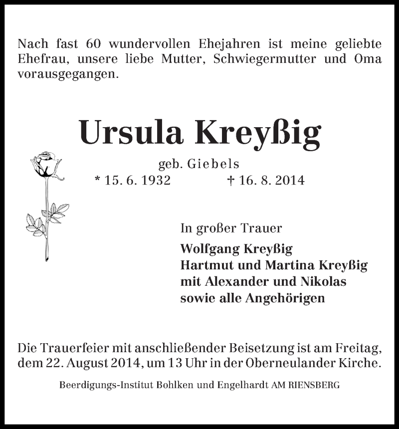 Traueranzeige von Ursula Kreyßig von WESER-KURIER