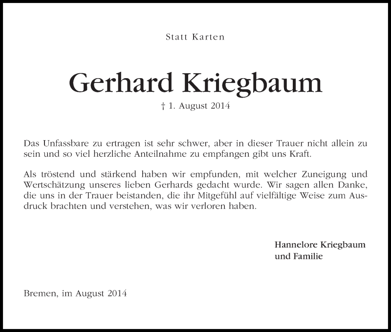 Traueranzeige von Gerhard Kriegbaum von WESER-KURIER