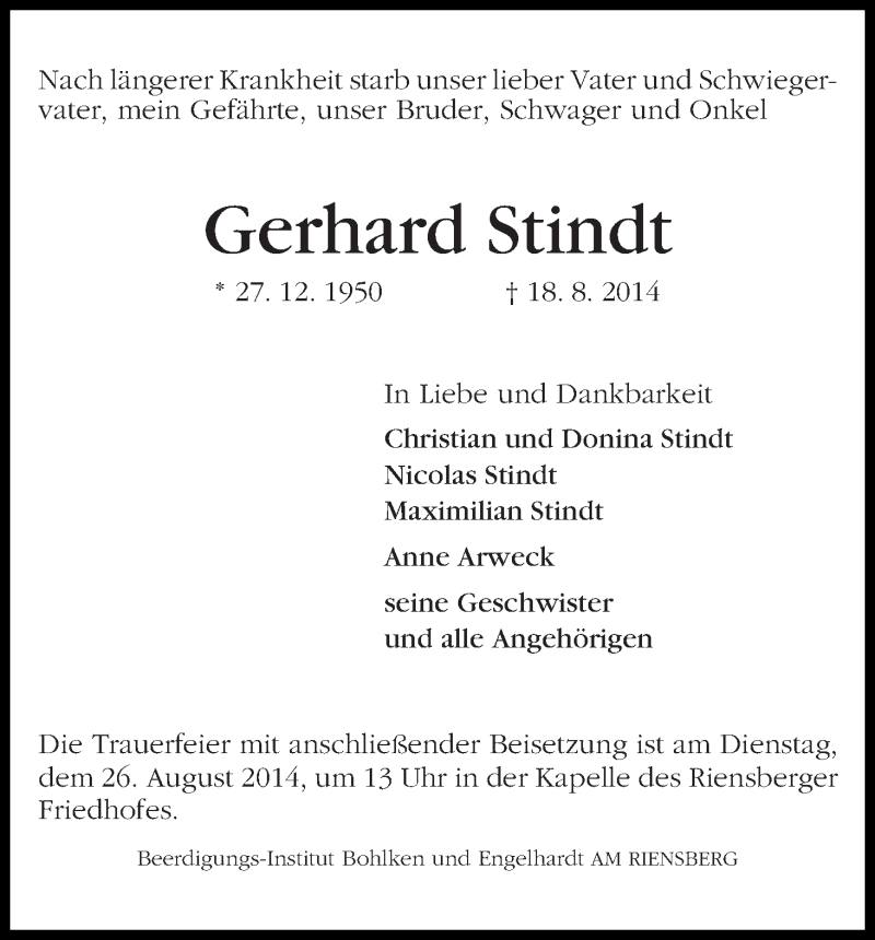Traueranzeige von Gerhard Stindt von WESER-KURIER