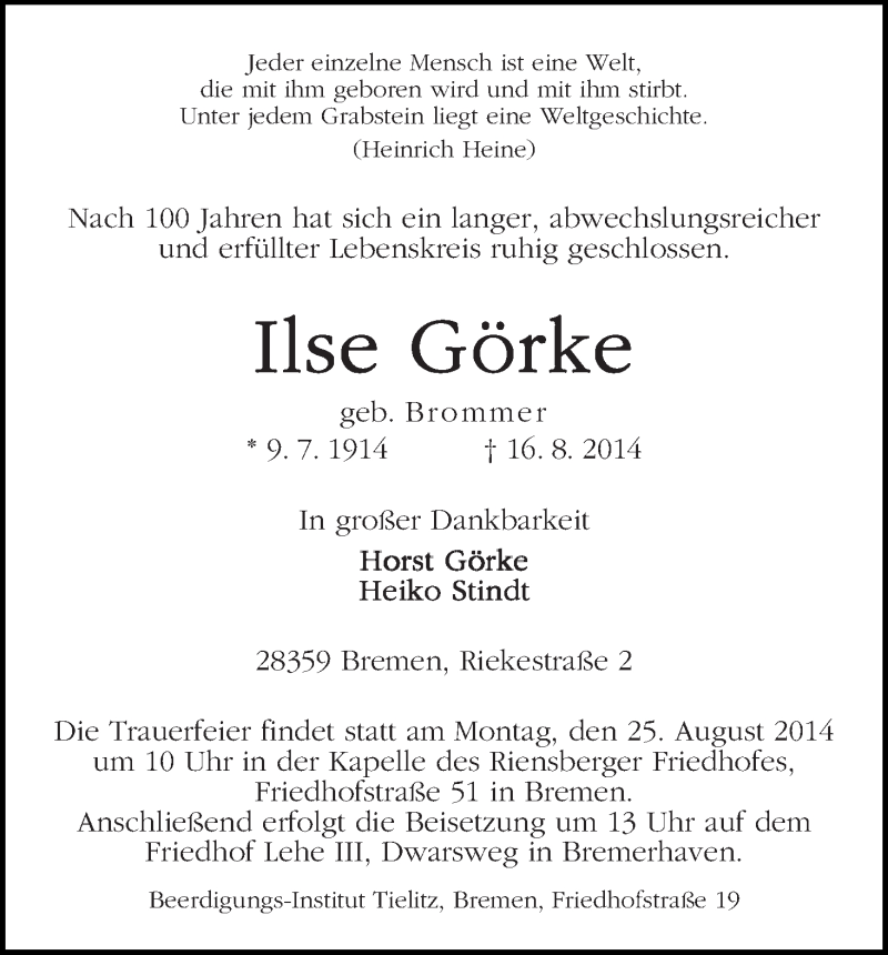 Traueranzeige von Ilse Görke von WESER-KURIER