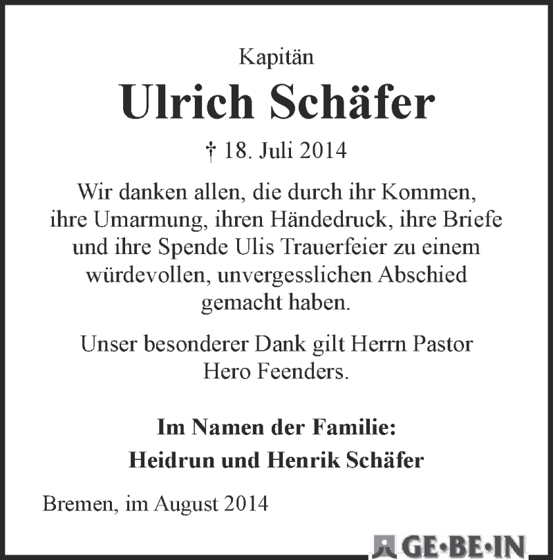 Traueranzeige von Ulrich Schäfer von WESER-KURIER
