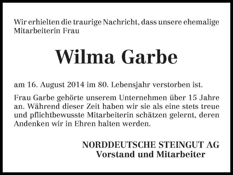 Traueranzeige von Wilma Garbe von Die Norddeutsche